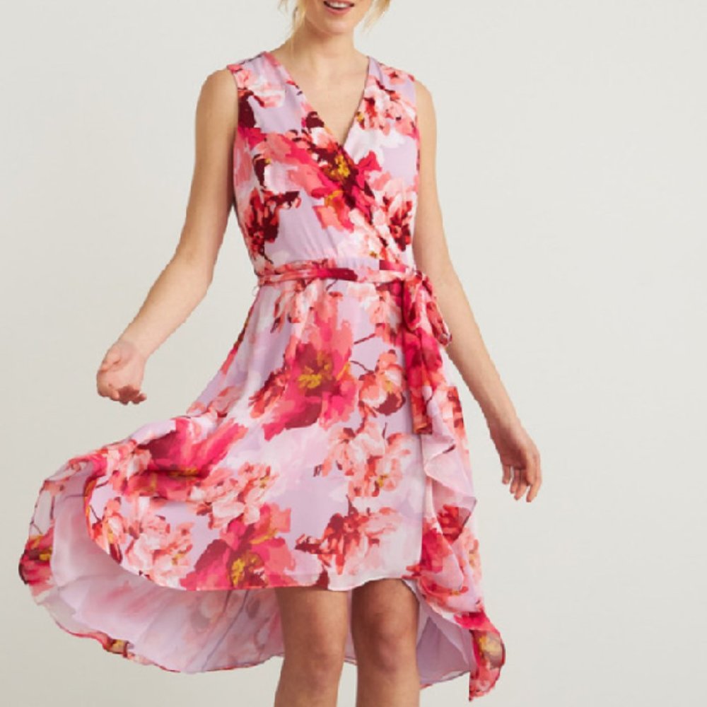 Joseph Ribkoff Sweet Lilac/Multi Floral Print Belted Hi-Low Hem Sundress